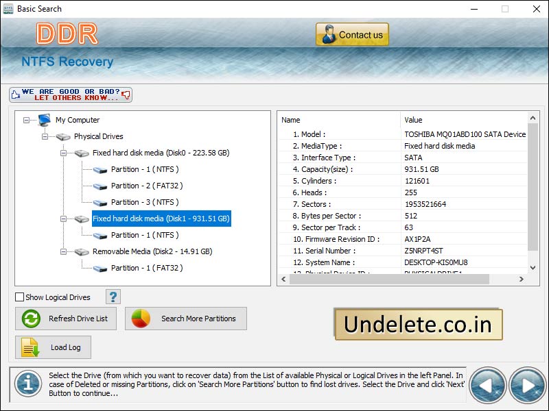 Screenshot of Undelete NTFS Partition 5.1.2.6