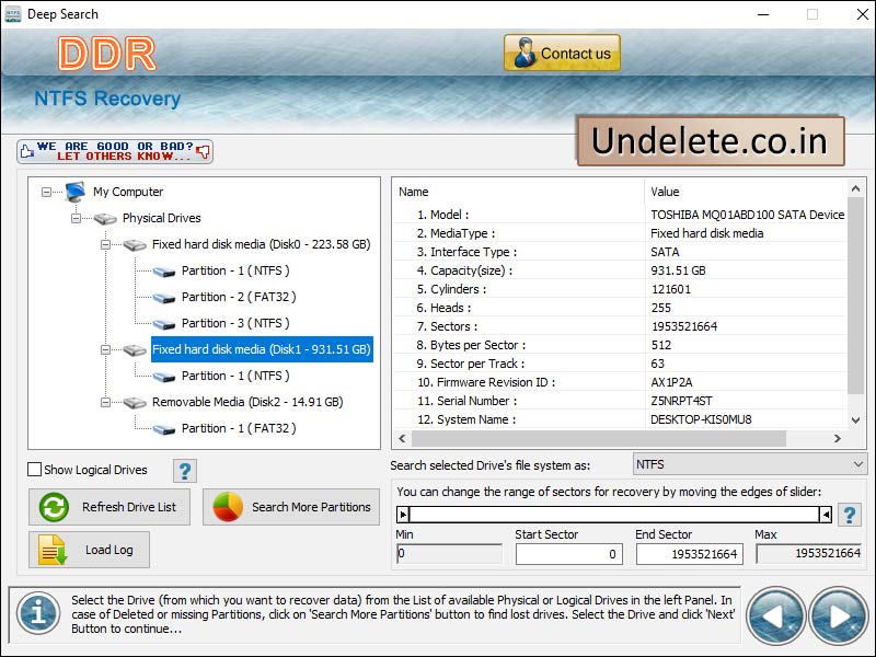 Screenshot of Deleted Hard Drive File Recovery Tool 4.1.2.0